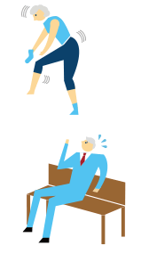 イラスト:片足立ちで靴下をはいている人といすに座っている人