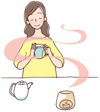 イラスト：お茶やアロマでリラックスしている女性