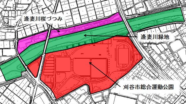 地図：刈谷市総合運動公園、逢妻川緑地、逢妻川桜づつみ周辺