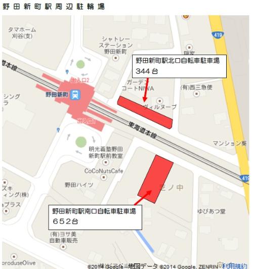 地図：野田新町駅周辺駐輪場
