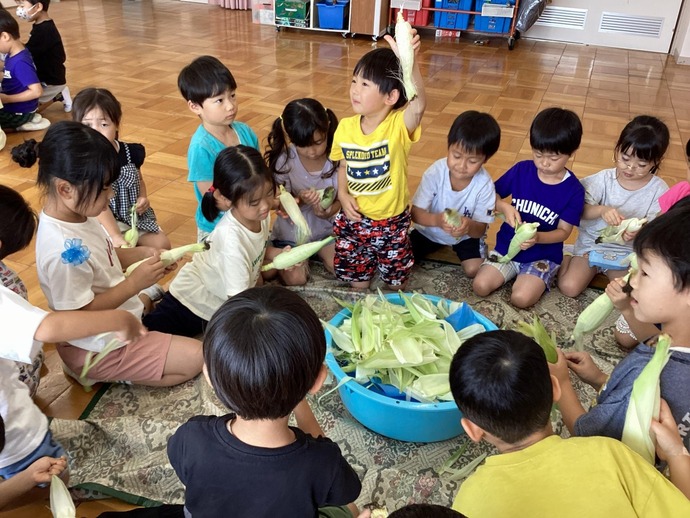 写真：年長児　トウモロコシの皮をむいています