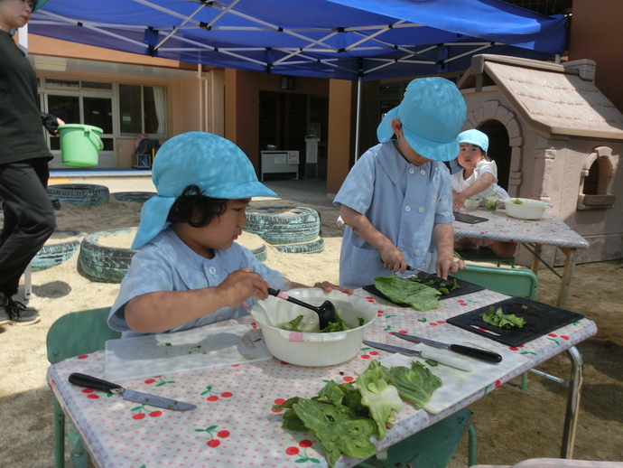 野菜の皮でままごとをしている写真