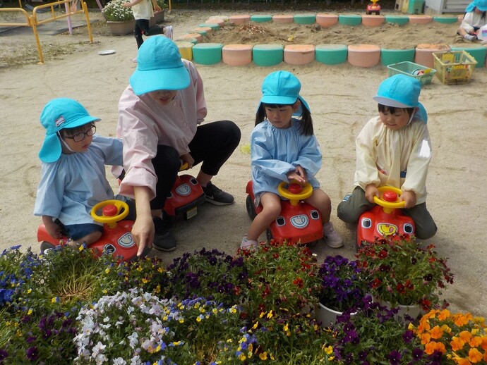 写真:年少児 花を見ている様子