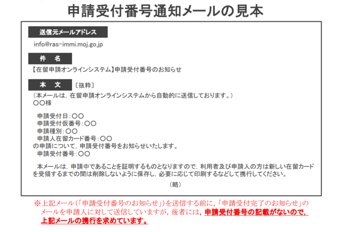 （参考）オンラインで在留期間変更許可申請した際の完了メール