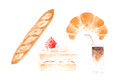 パン、ケーキ、飲み物のイラスト