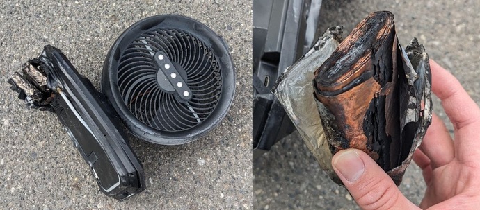 発煙したバッテリー内蔵の扇風機